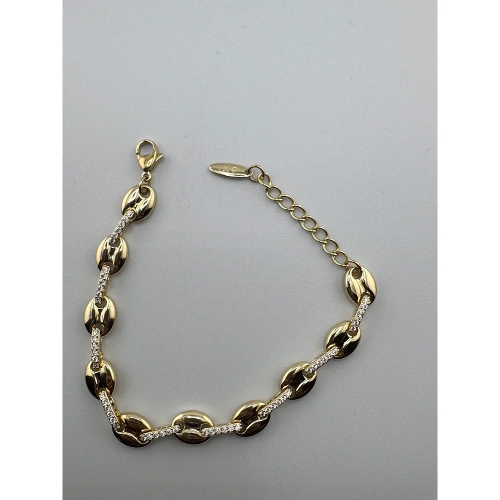 14k Gold Plated Puffed Mariner Link Bracelet CZ Coffee Bean Adjustable Chain